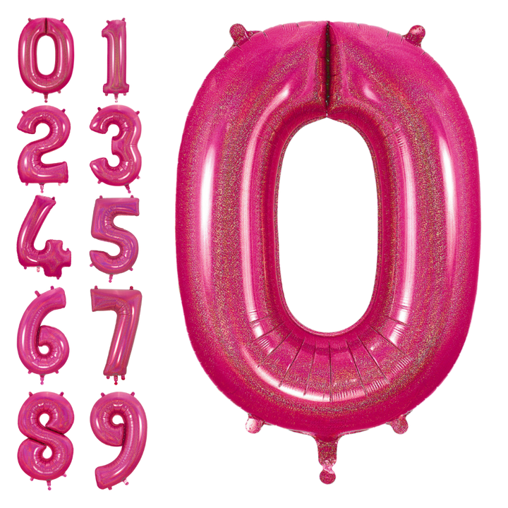 Hot pink 34in holographic number foil balloon for birthday parties – from Parte Haus party supply store in Bethesda, Maryland.