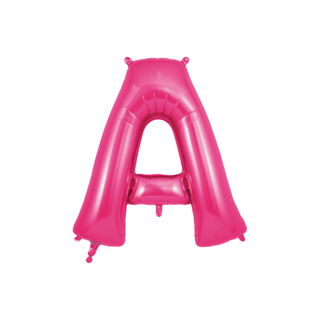 Hot pink 34in letter A foil balloon for birthday and baby shower parties – from Parte Haus party supply store in Bethesda, MD.
