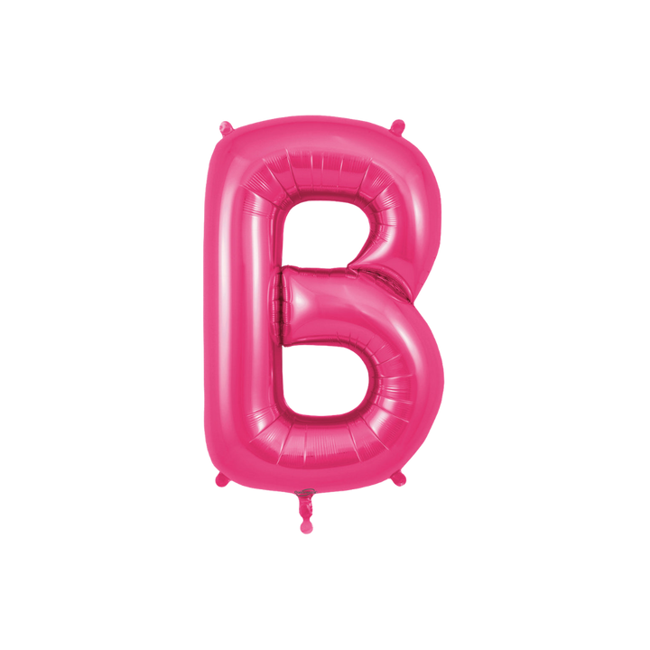 Hot pink 34in letter B foil balloon for birthday and baby shower parties – from Parte Haus party supply store in Bethesda, Maryland.