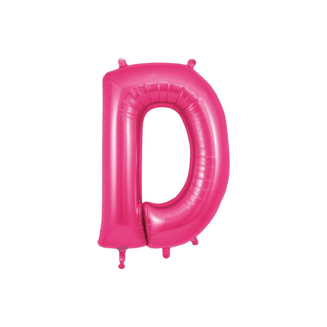 Hot pink 34in letter D foil balloon for birthday and baby shower parties – from Parte Haus party supply store in Bethesda, Maryland.