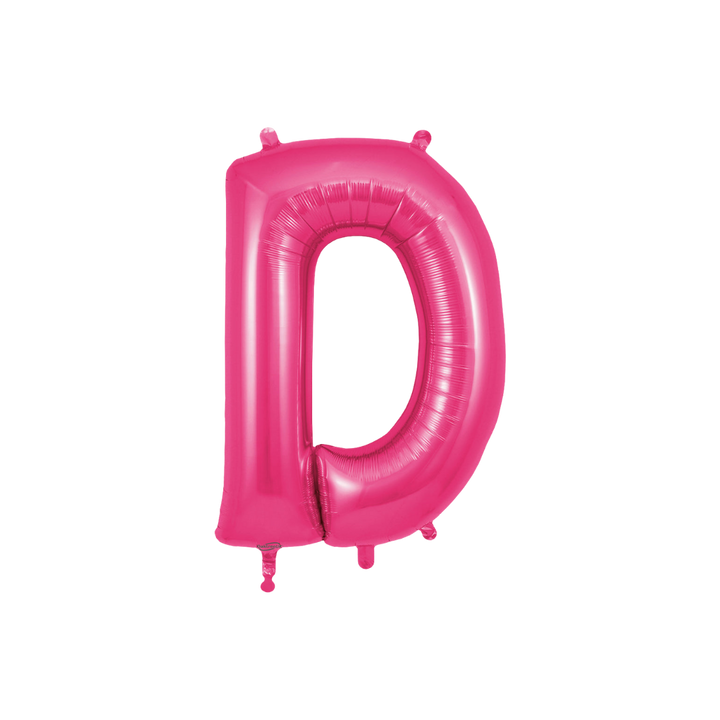 Hot pink 34in letter D foil balloon for birthday and baby shower parties – from Parte Haus party supply store in Bethesda, Maryland.