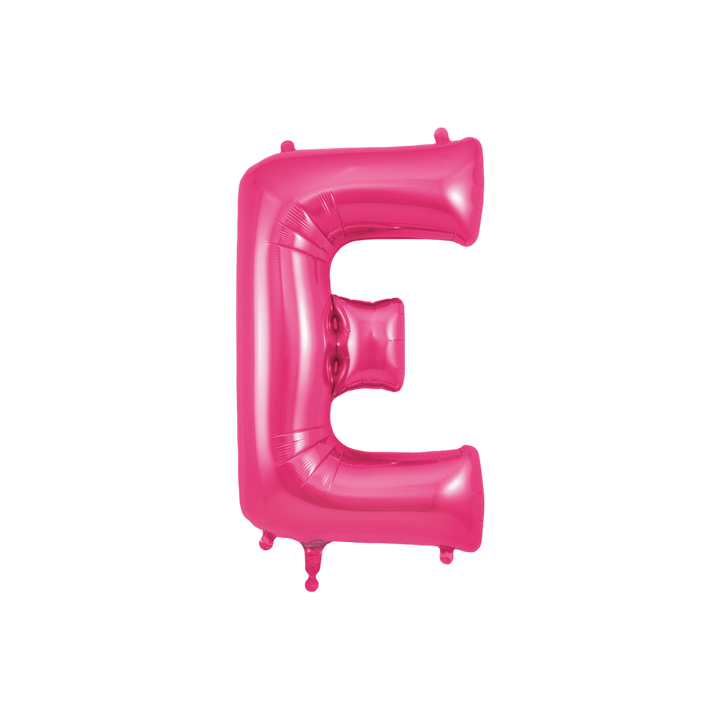 Hot pink 34in letter E foil balloon for birthday and baby shower parties – from Parte Haus party supply store in Bethesda, MD.
