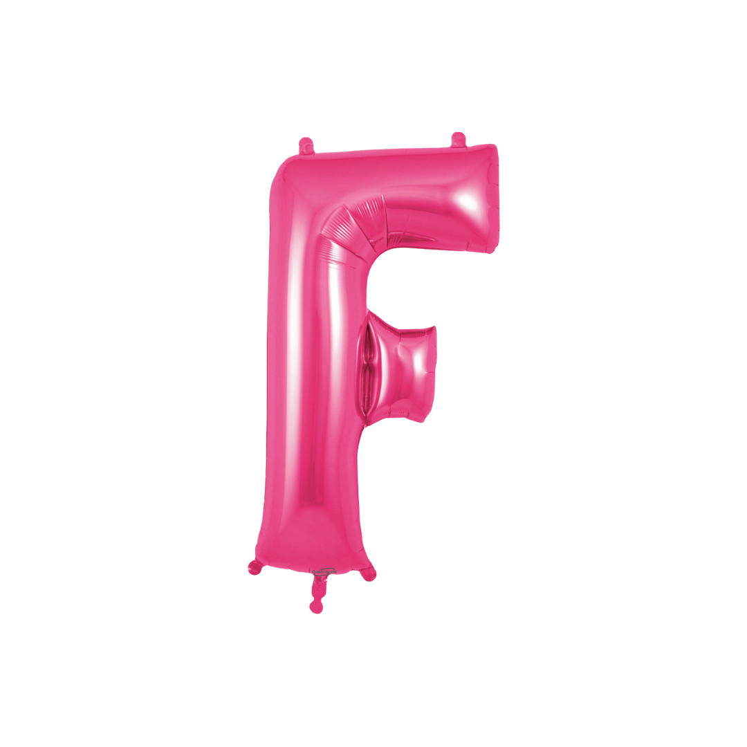 Hot pink letter F foil balloon with a shiny finish for birthday or baby shower from Parte Haus party supply store in Bethesda MD