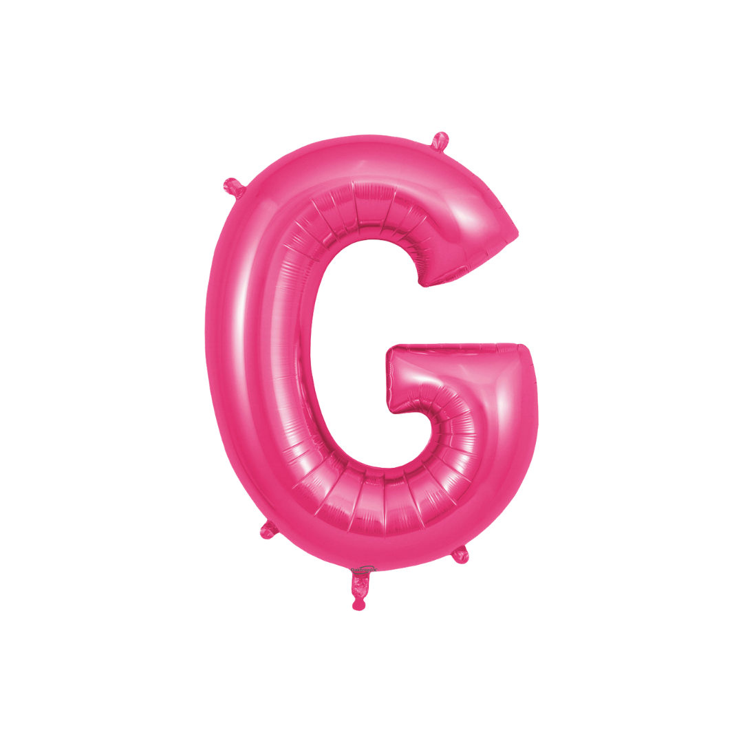Hot pink 34in letter G foil balloon for birthday and baby shower parties – from Parte Haus party supply store in Bethesda, MD.
