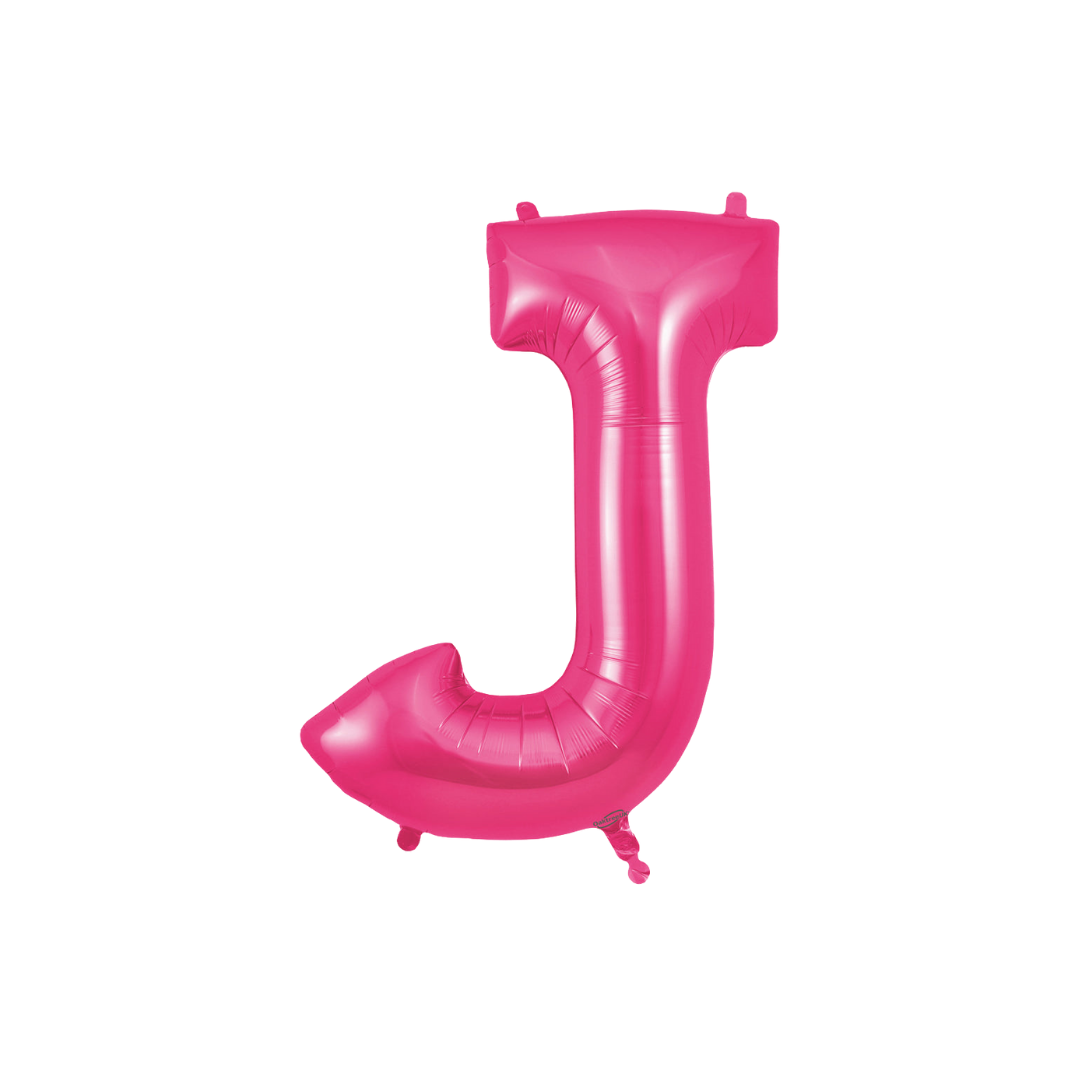 Hot pink 34in letter J foil balloon for birthday and baby shower parties – from Parte Haus party supply store in Bethesda, Maryland.