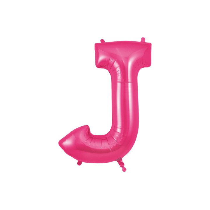 Hot pink 34in letter J foil balloon for birthday and baby shower parties – from Parte Haus party supply store in Bethesda, Maryland.