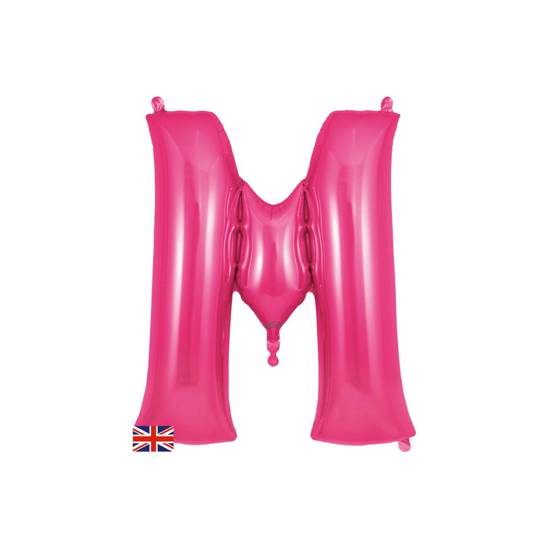 Hot pink 34in letter M foil balloon for birthday and baby shower parties – from Parte Haus party supply store in Bethesda, Maryland.