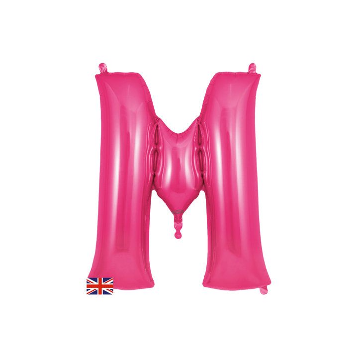 Hot pink 34in letter M foil balloon for birthday and baby shower parties – from Parte Haus party supply store in Bethesda, Maryland.