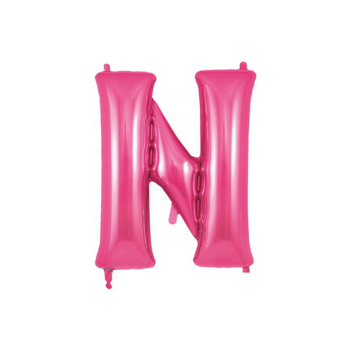 Hot pink 34in letter N foil balloon for birthday and baby shower parties – from Parte Haus party supply store in Bethesda, MD.