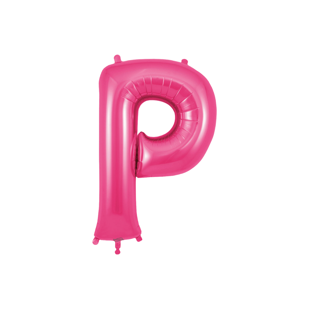 Hot pink 34in letter P foil balloon for birthday and baby shower parties – from Parte Haus party supply store in Bethesda, Maryland.