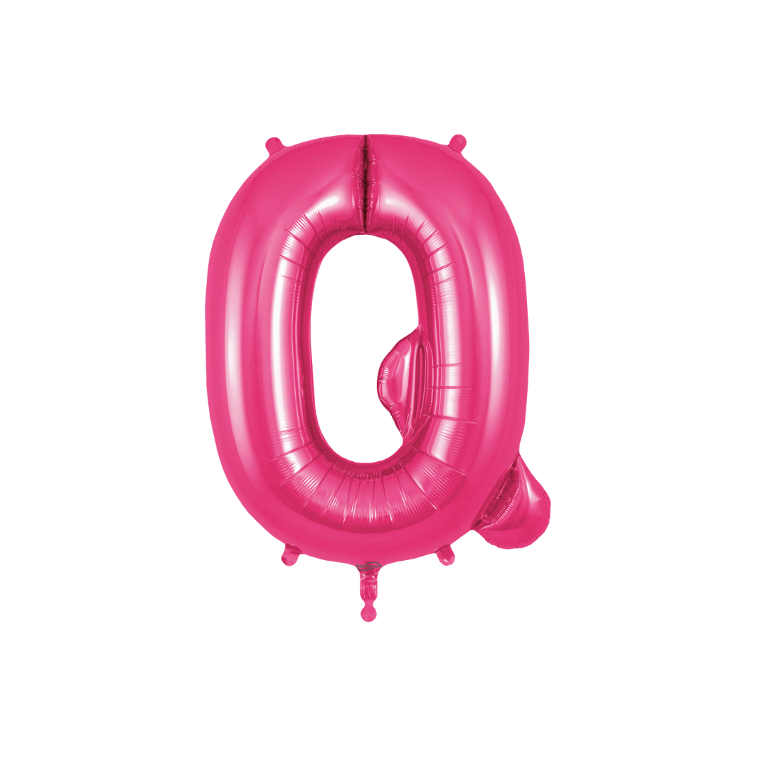 Hot pink 34in letter Q foil balloon for birthday and baby shower parties – from Parte Haus party supply store in Bethesda, MD.