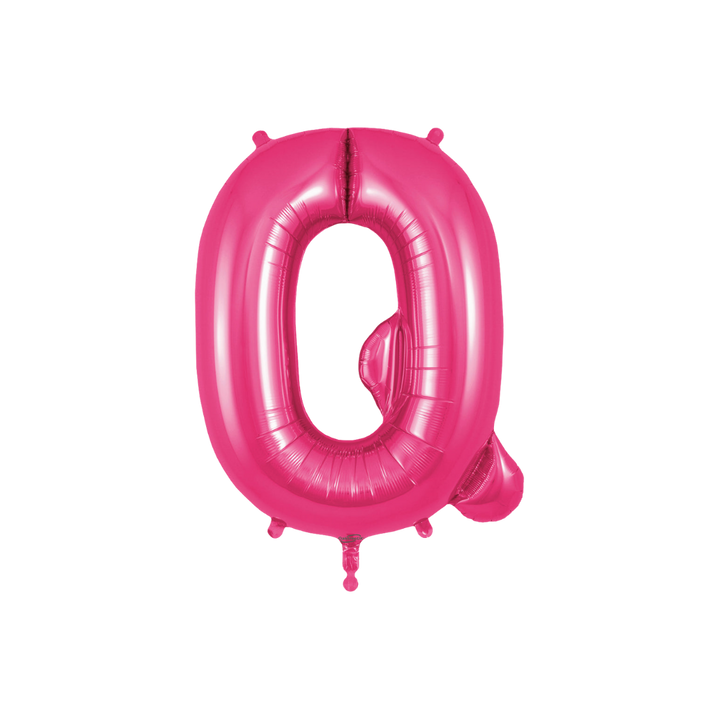 Hot pink 34in letter Q foil balloon for birthday and baby shower parties – from Parte Haus party supply store in Bethesda, MD.