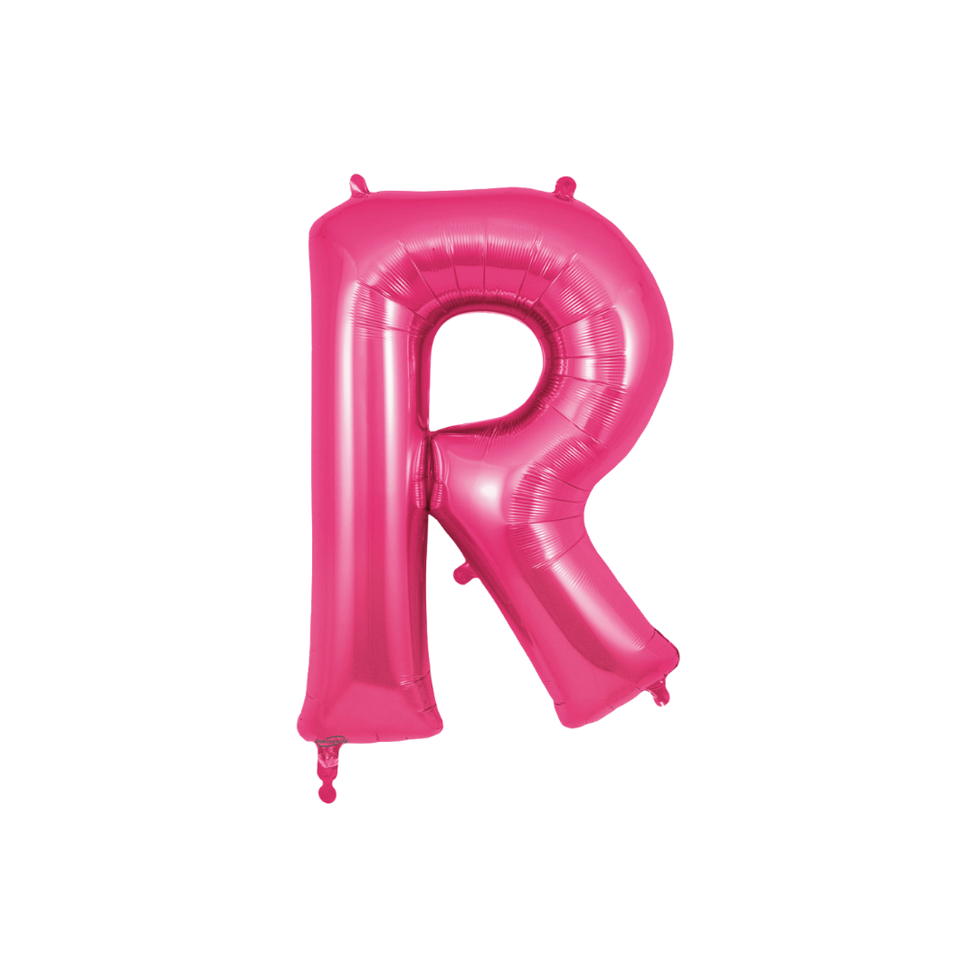 Hot pink 34in letter R foil balloon for birthday and baby shower parties – from Parte Haus party supply store in Bethesda, Maryland.