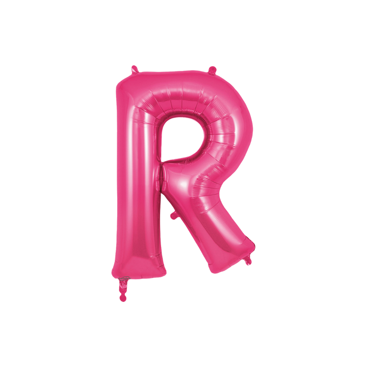 Hot pink 34in letter R foil balloon for birthday and baby shower parties – from Parte Haus party supply store in Bethesda, Maryland.