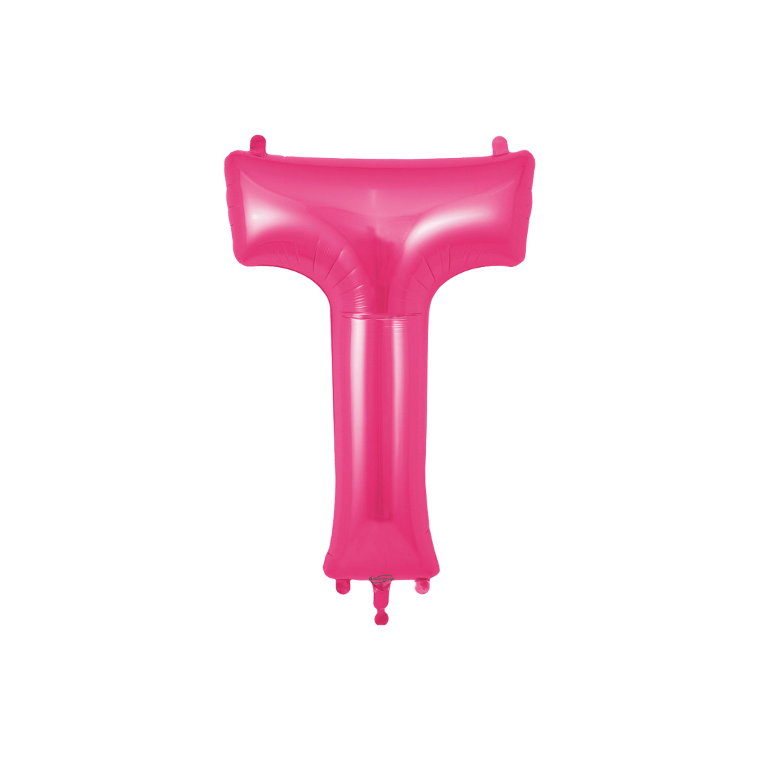 Hot pink 34in letter T foil balloon for birthday and baby shower parties – from Parte Haus party supply store in Bethesda, Maryland.