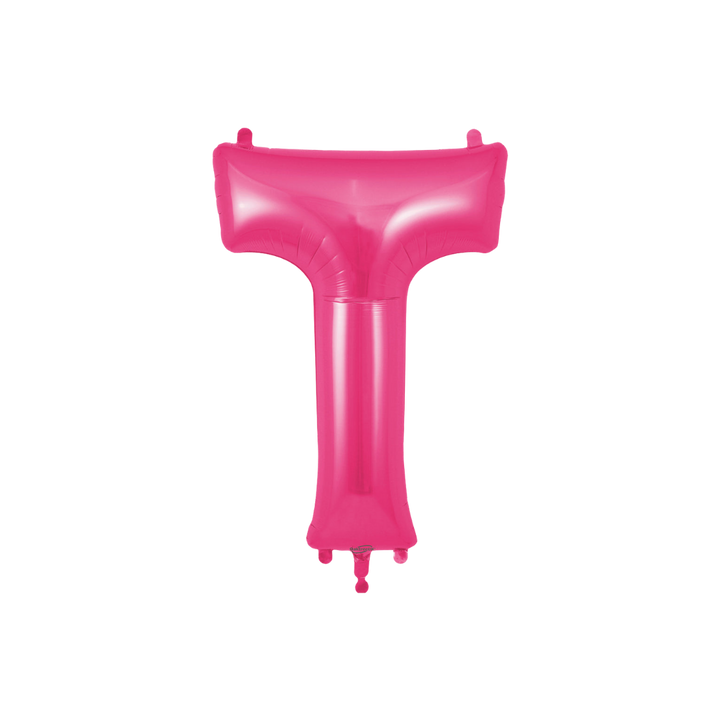 Hot pink 34in letter T foil balloon for birthday and baby shower parties – from Parte Haus party supply store in Bethesda, Maryland.