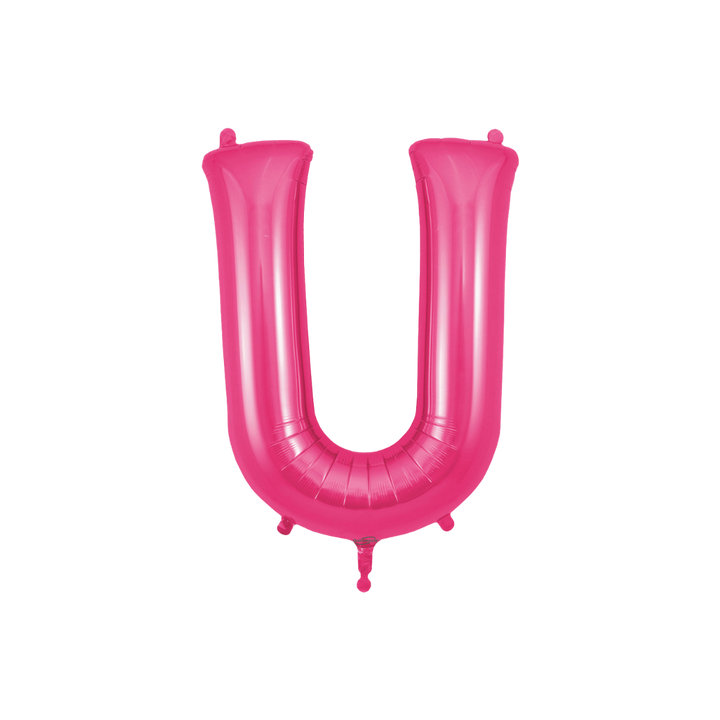 Hot pink 34in letter U foil balloon for birthday and baby shower parties – from Parte Haus party supply store in Bethesda, MD.