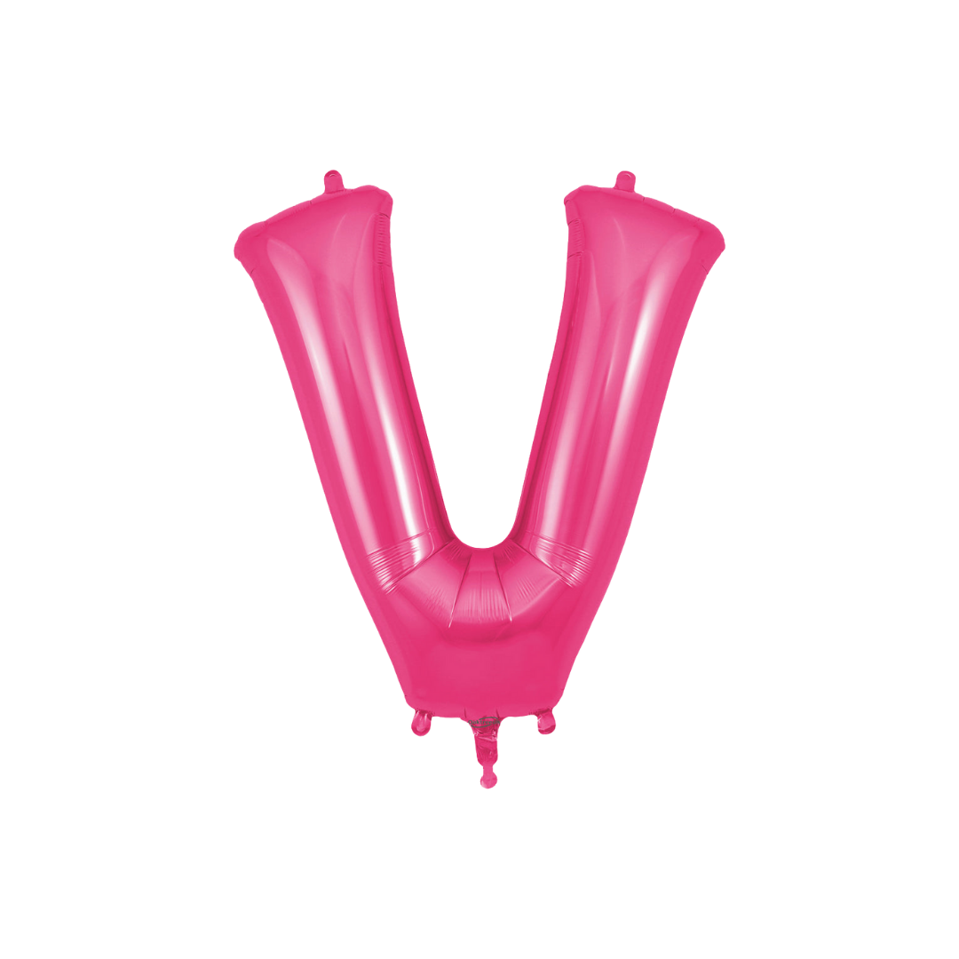 Hot pink 34in letter V foil balloon for birthday and baby shower parties – from Parte Haus party supply store in Bethesda, Maryland.