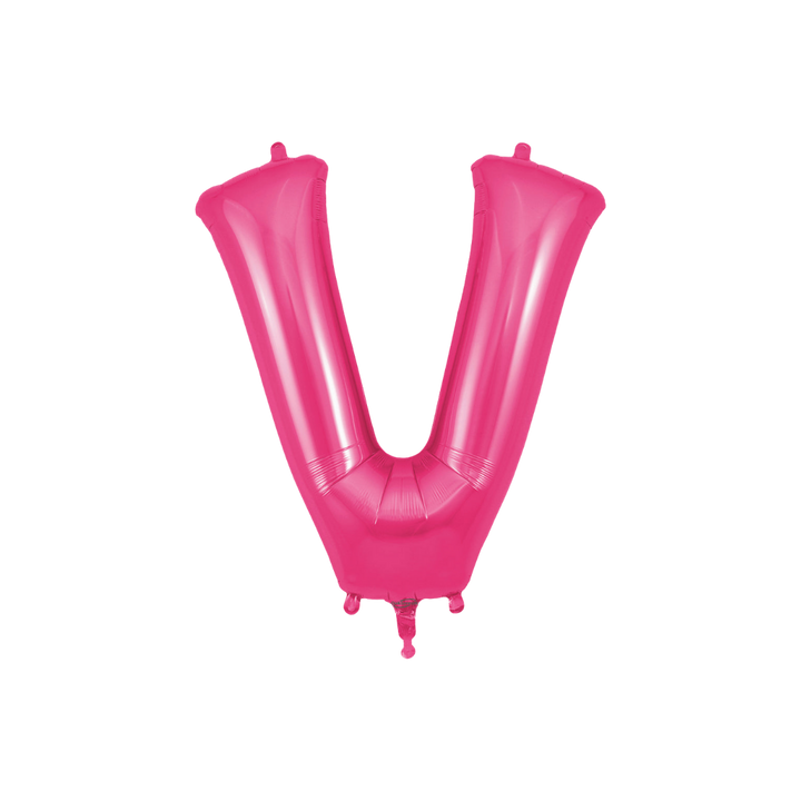 Hot pink 34in letter V foil balloon for birthday and baby shower parties – from Parte Haus party supply store in Bethesda, Maryland.