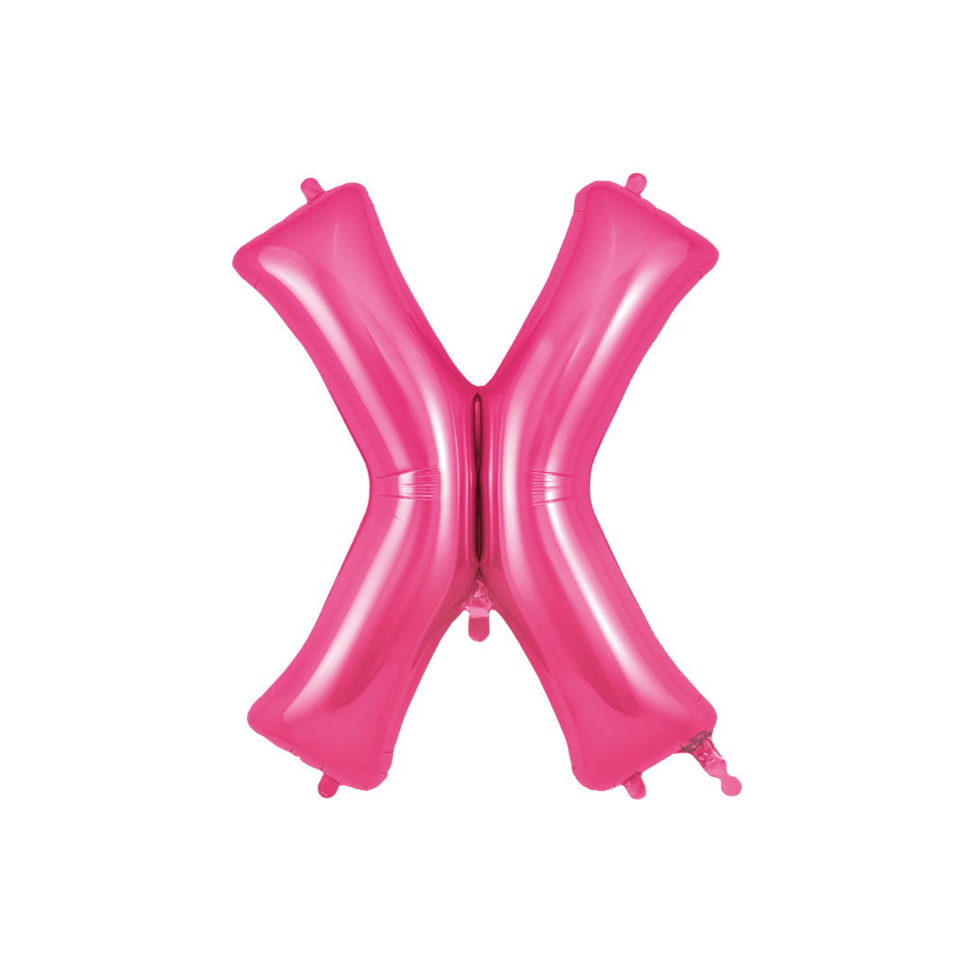 Hot pink 34in letter X foil balloon for birthday and baby shower parties – from Parte Haus party supply store in Bethesda, Maryland.