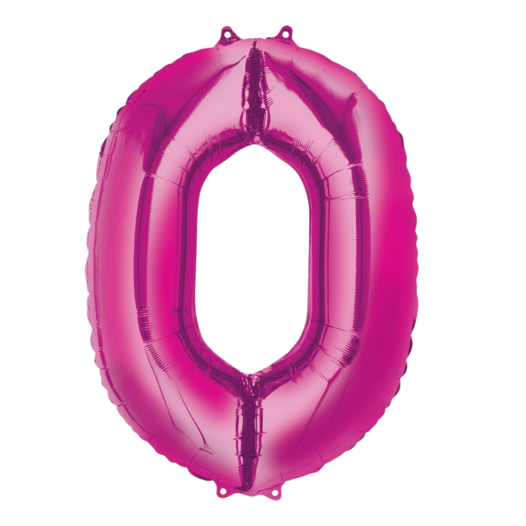 Hot pink 34in number 0 foil balloon for birthday or milestone celebrations – from Parte Haus party supply store in Bethesda, MD.