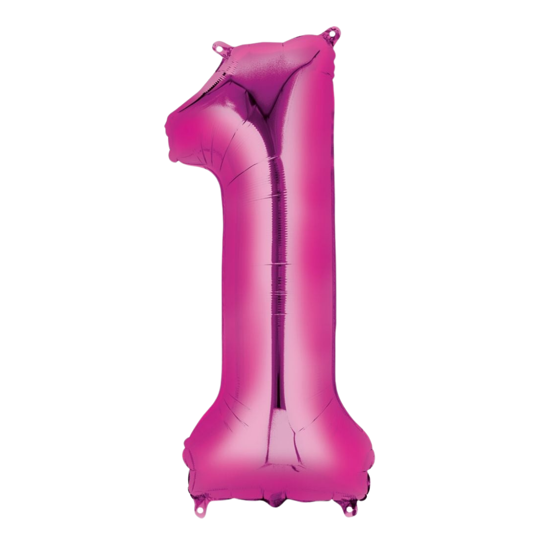 Hot pink 34in number 1 foil balloon for birthday or milestone celebrations – from Parte Haus party supply store in Bethesda, Maryland.