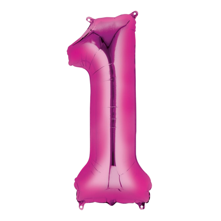 Hot pink 34in number 1 foil balloon for birthday or milestone celebrations – from Parte Haus party supply store in Bethesda, Maryland.