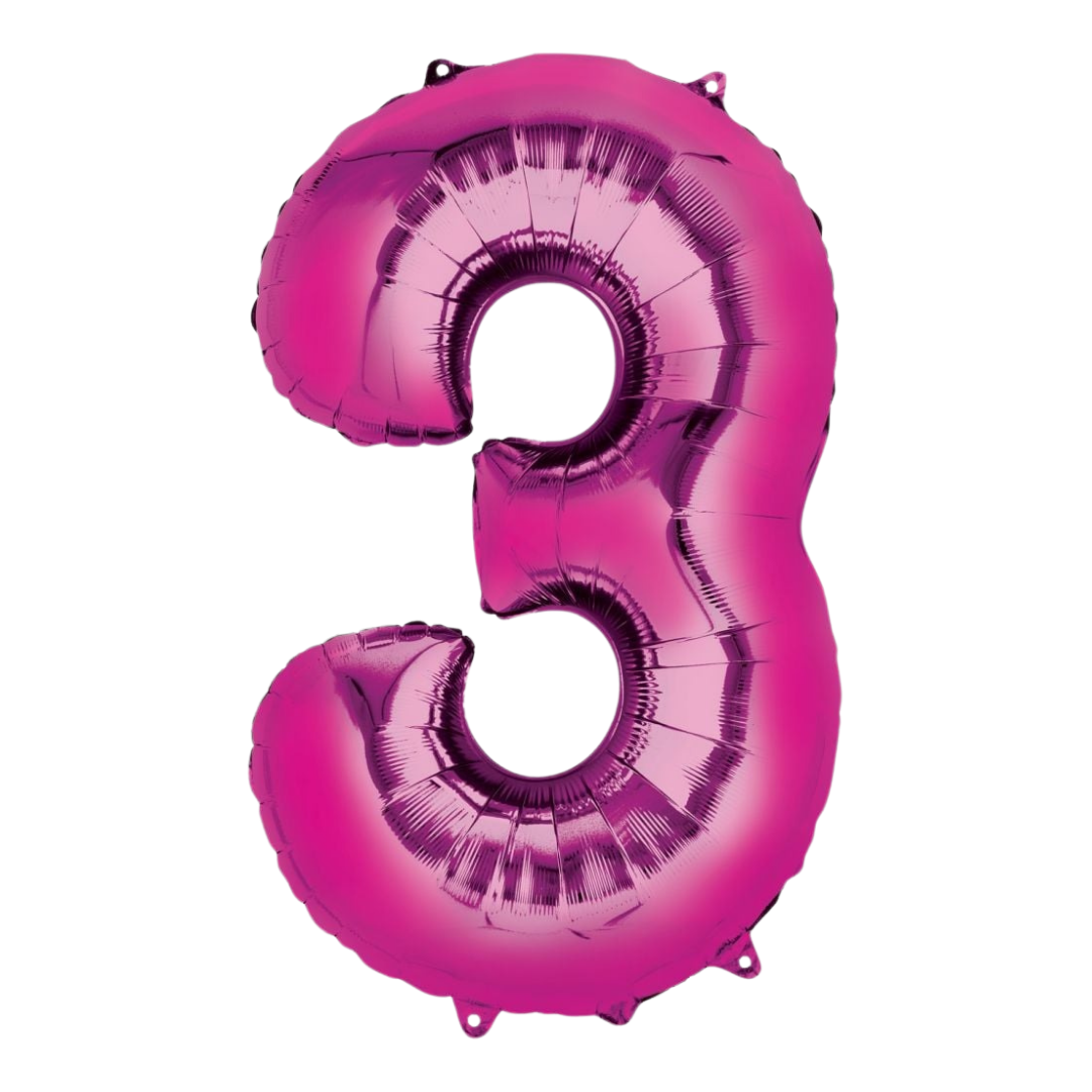 Hot pink 34in number 3 foil balloon for birthday or milestone celebrations – from Parte Haus party supply store in Bethesda, Maryland.