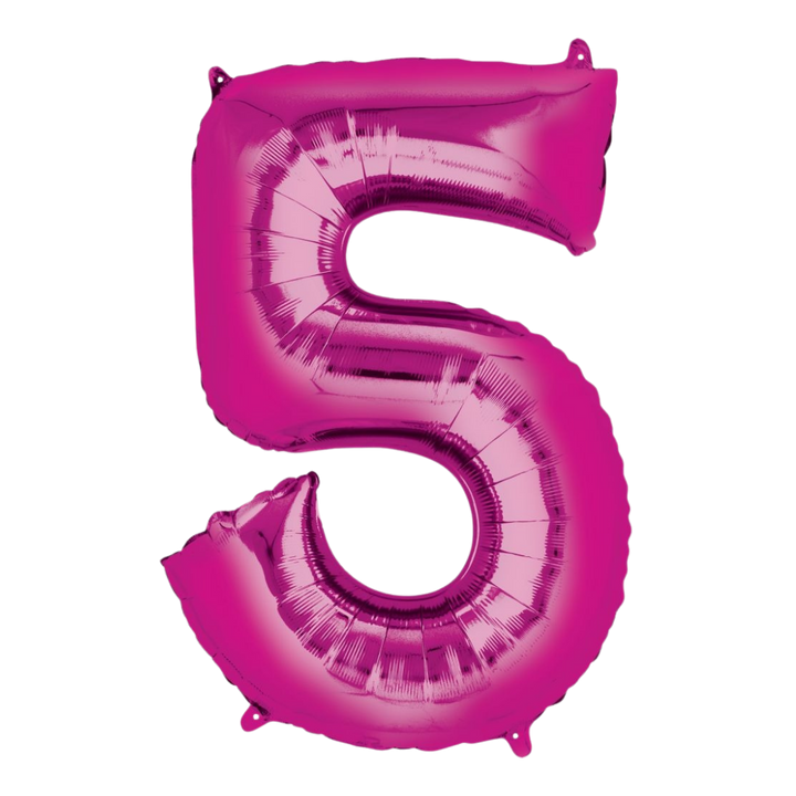 Hot pink 34in number 5 foil balloon for birthday or milestone celebrations – from Parte Haus party supply store in Bethesda, Maryland.