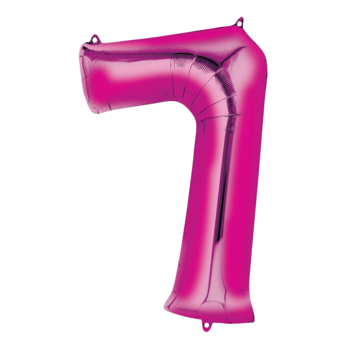 Hot pink 34in number 7 foil balloon for birthday or milestone celebrations – from Parte Haus party supply store in Bethesda, Maryland.