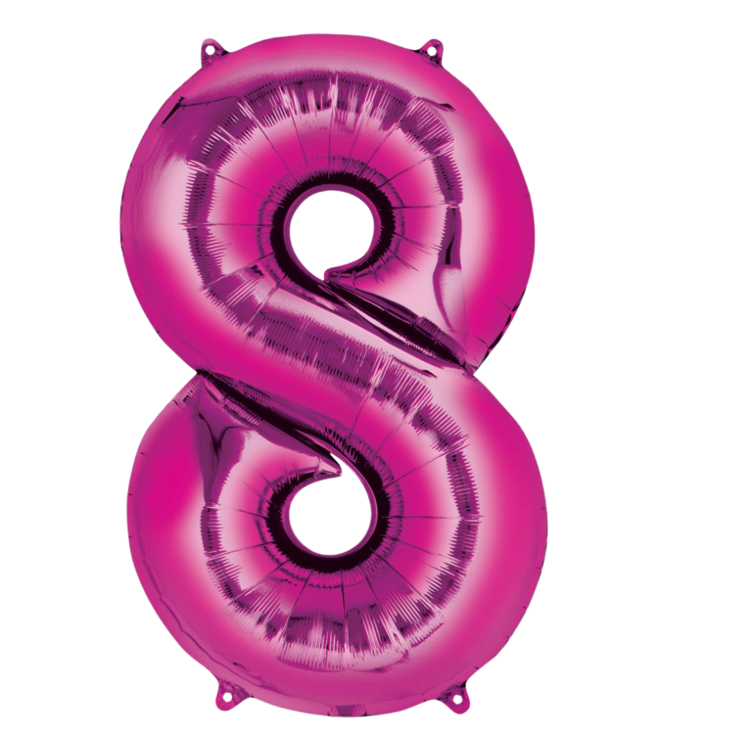 Hot pink 34in number 8 foil balloon for birthday or milestone celebrations – from Parte Haus party supply store in Bethesda, Maryland.