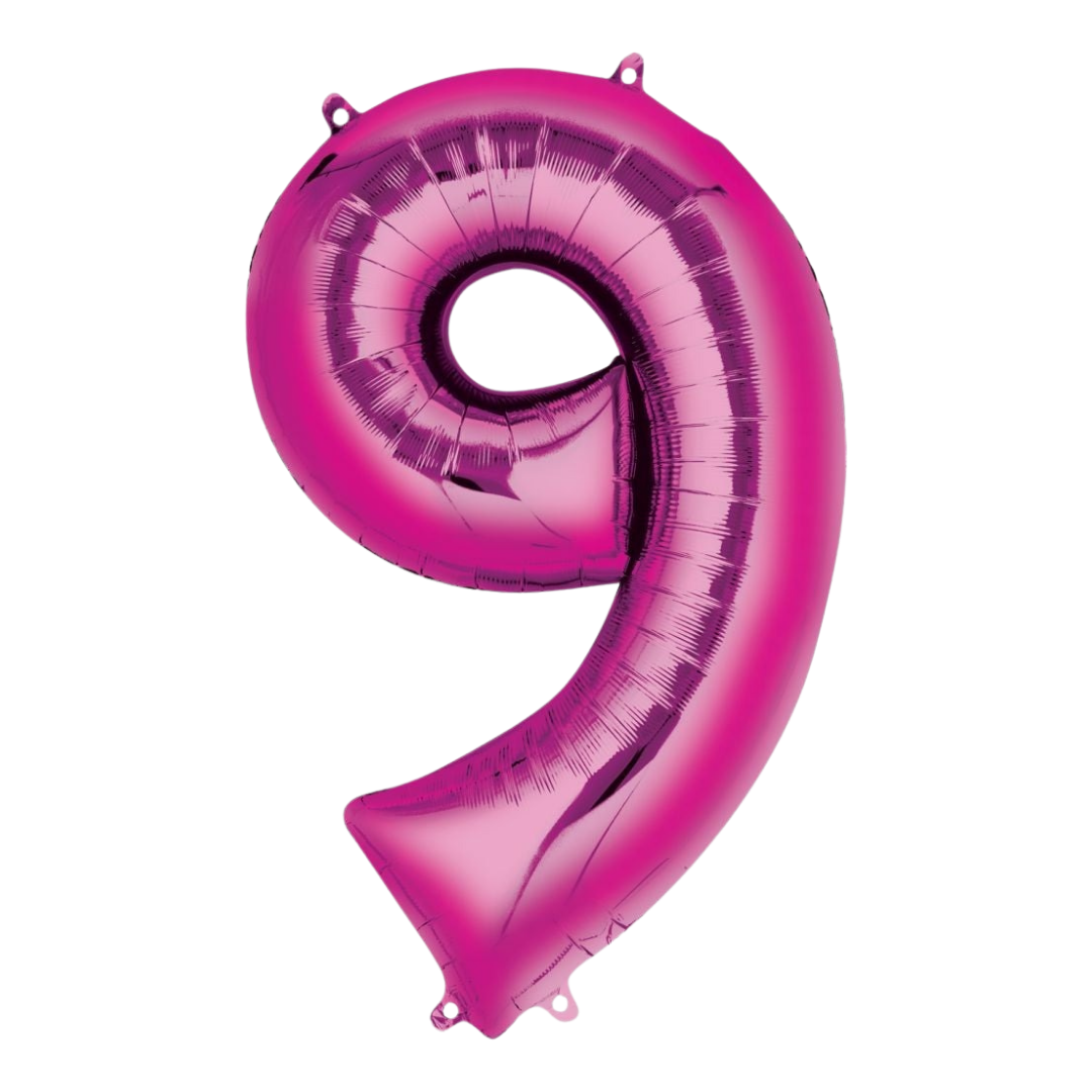 Hot pink 34in number 9 foil balloon for birthday or milestone celebrations – from Parte Haus party supply store in Bethesda, MD.