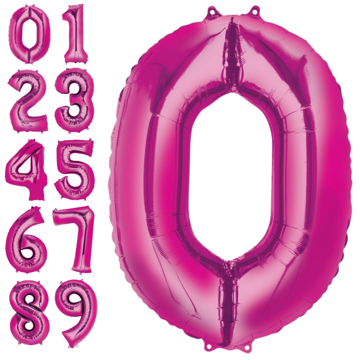 Hot pink 34in number foil balloons for birthday or milestone celebrations – from Parte Haus party supply store in Bethesda, Maryland.