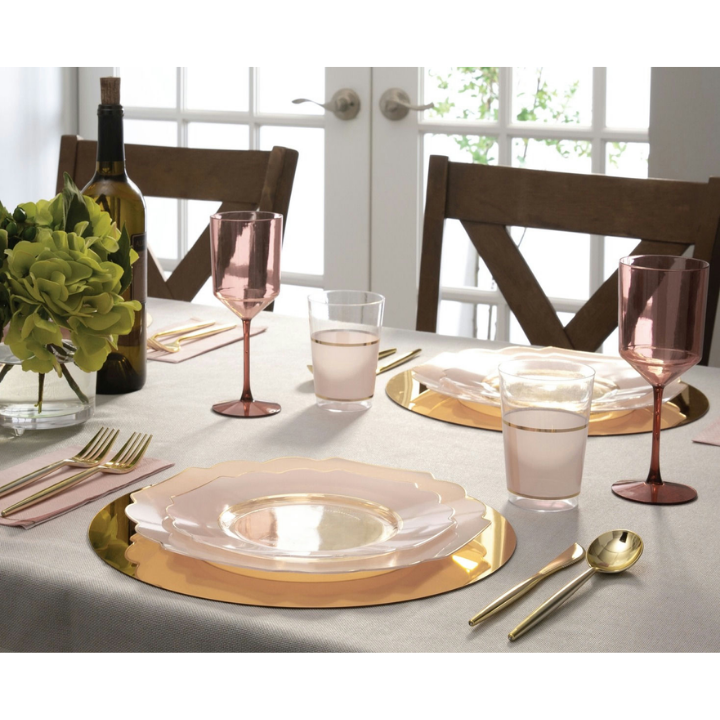 Clear & Blush Scalloped Gold Reusable Plates - 2 Sizes
