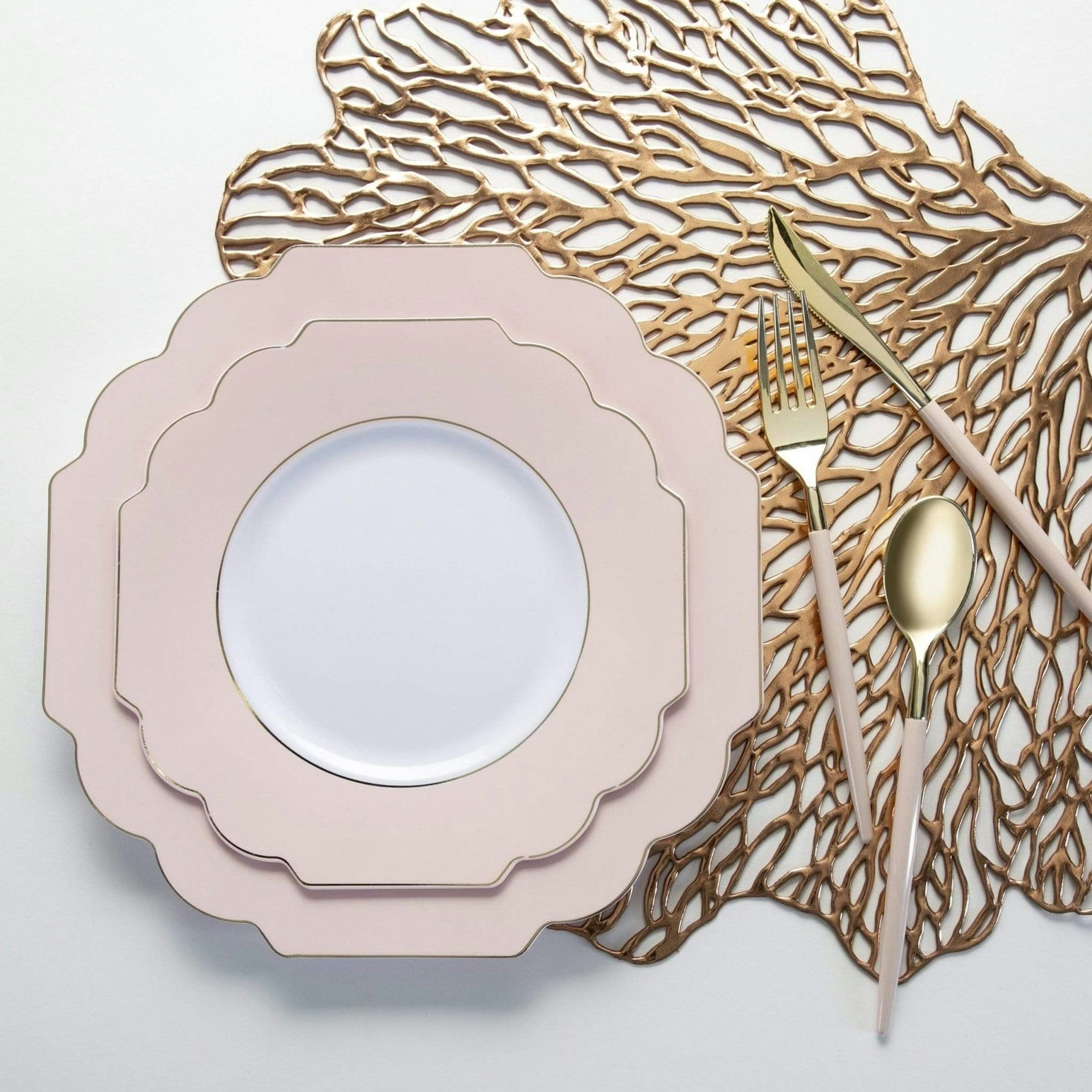 Clear & Blush Scalloped Gold Reusable Plates - 2 Sizes