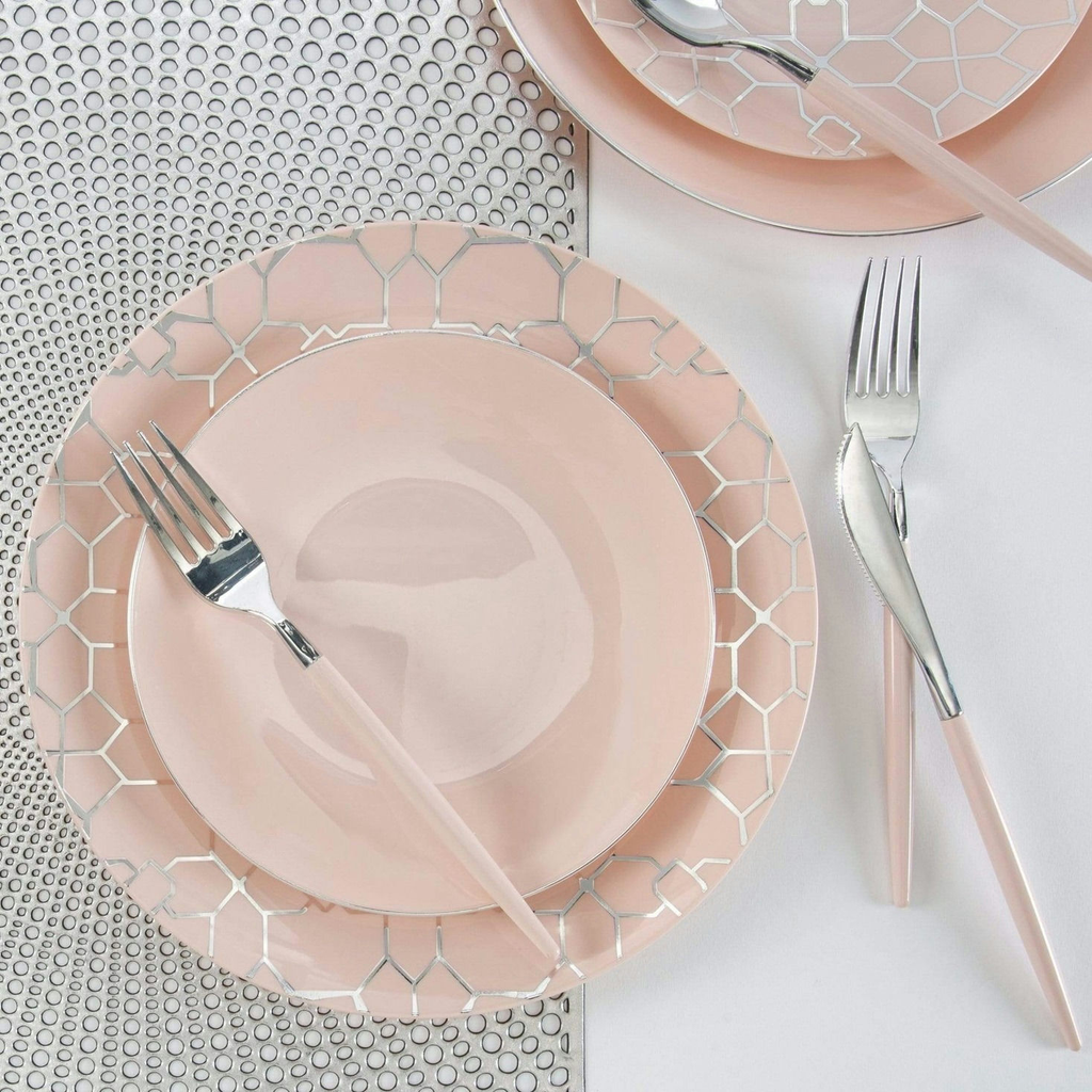 Blush Silver Rimmed Reusable Plates- 2 Sizes
