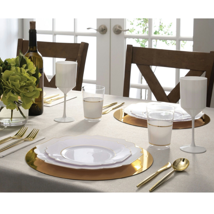 White Scalloped Gold Rimmed Reusable Plates - 2 Sizes
