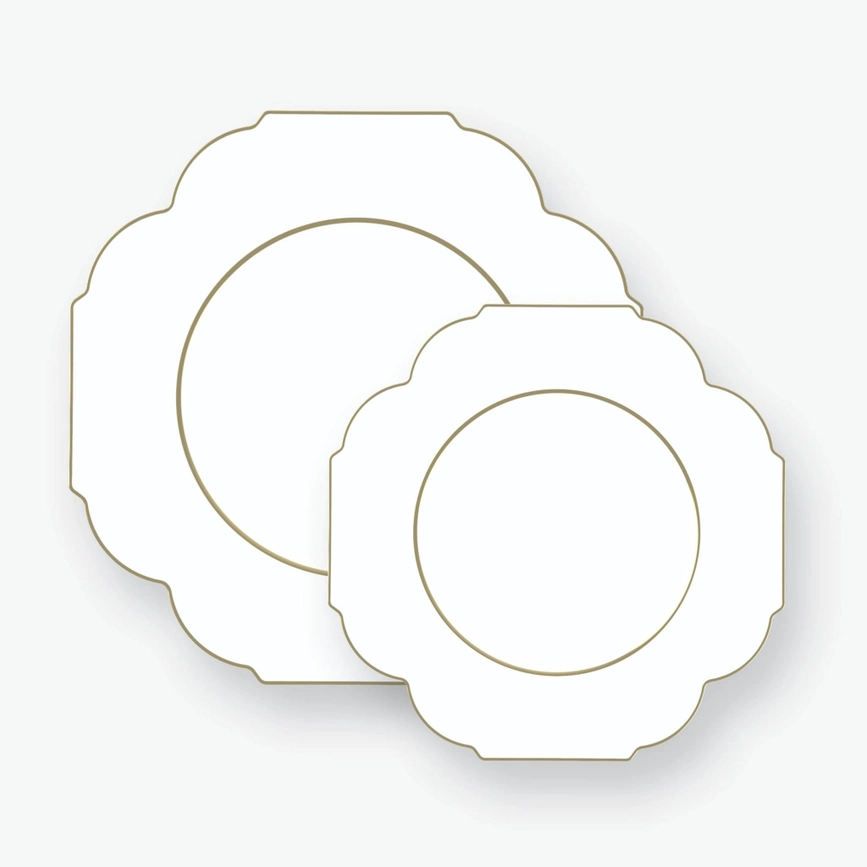 White Scalloped Gold Rimmed Reusable Plates - 2 Sizes