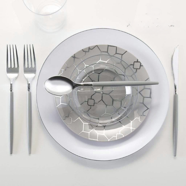 White Silver Rimmed Reusable Plates - 2 Sizes