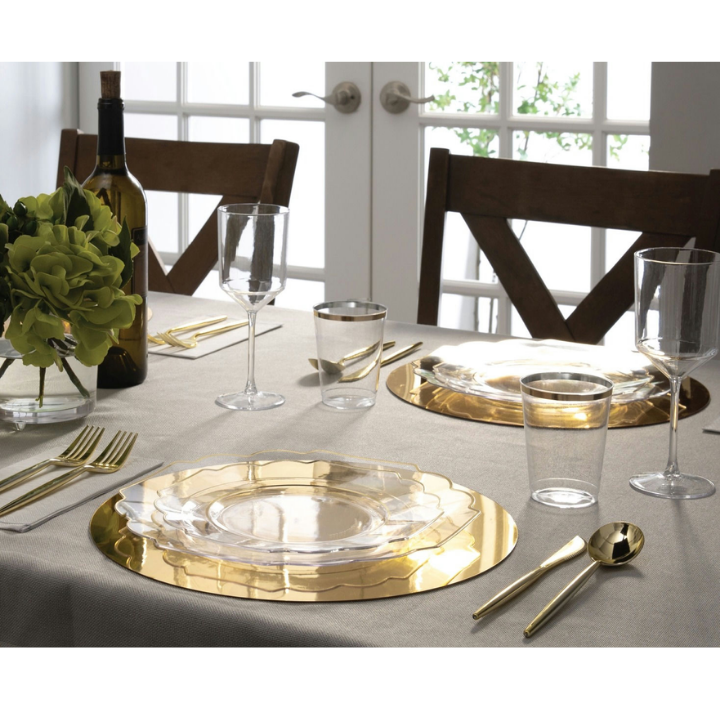 Clear Scalloped Gold Rimmed Reusable Plates - 2 Sizes