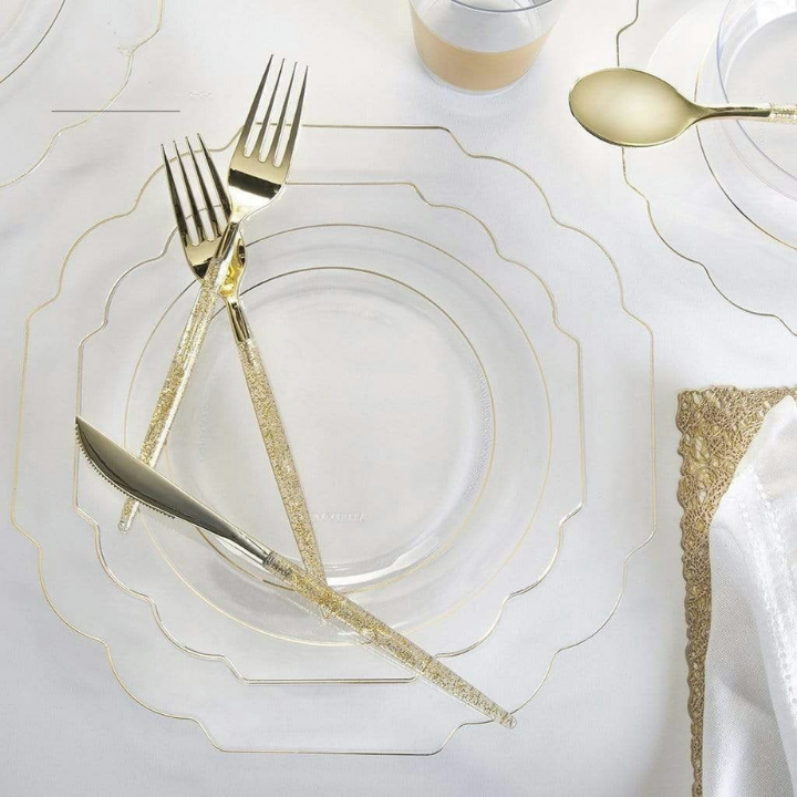 Clear Scalloped Gold Rimmed Reusable Plates - 2 Sizes