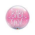 Pink and gold confetti bubble balloon with baby girl text for baby shower from Parte Haus party supply store in Bethesda MD