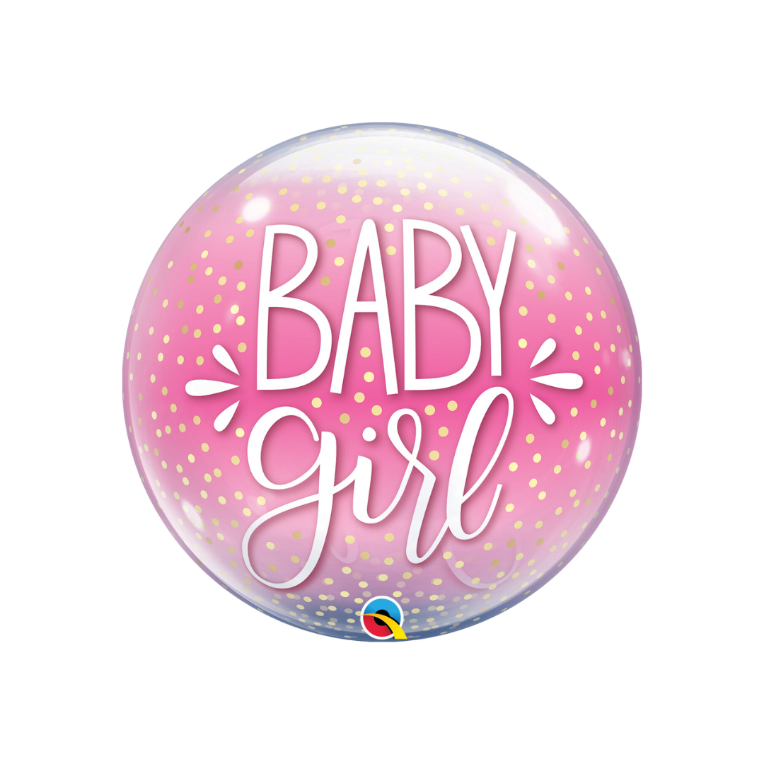 Pink and gold confetti bubble balloon with baby girl text for baby shower from Parte Haus party supply store in Bethesda MD