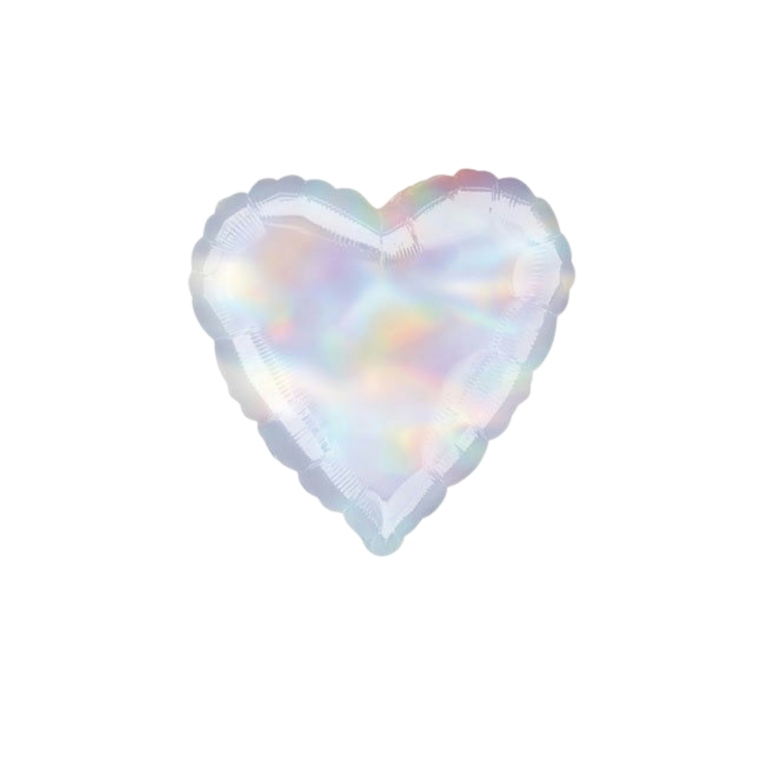 Iridescent heart foil balloon with shiny rainbow hues for celebrations from Parte Haus party supply store in Bethesda MD