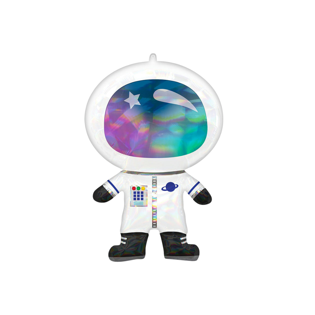 Iridescent holographic astronaut foil balloon for space birthday from Parte Haus party supply store in Bethesda MD