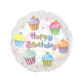 Iridescent pastel foil balloon with cupcakes and happy birthday text for birthday theme from Parte Haus party supply store in Bethesda Maryland