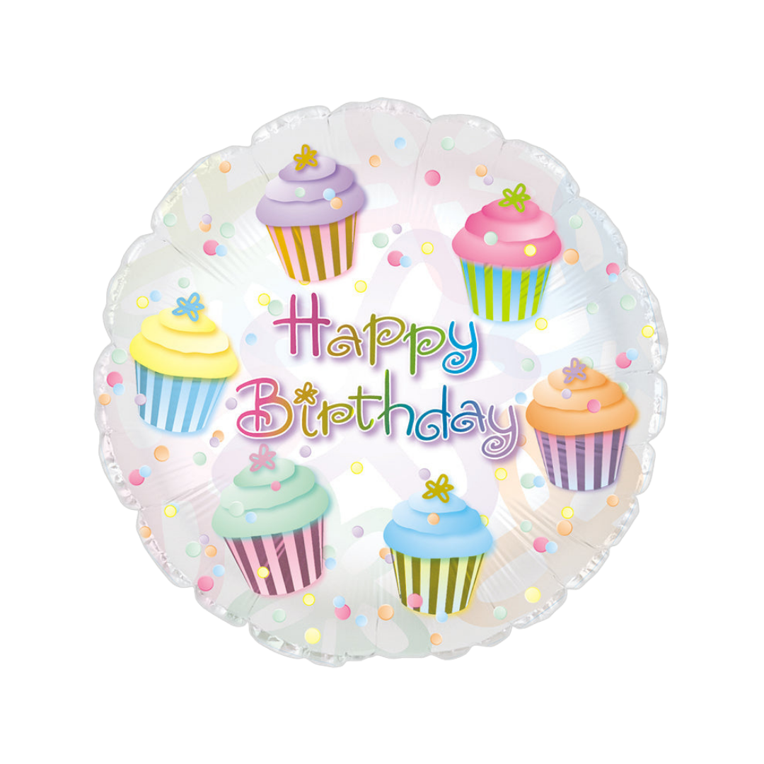 Iridescent pastel foil balloon with cupcakes and happy birthday text for birthday theme from Parte Haus party supply store in Bethesda Maryland