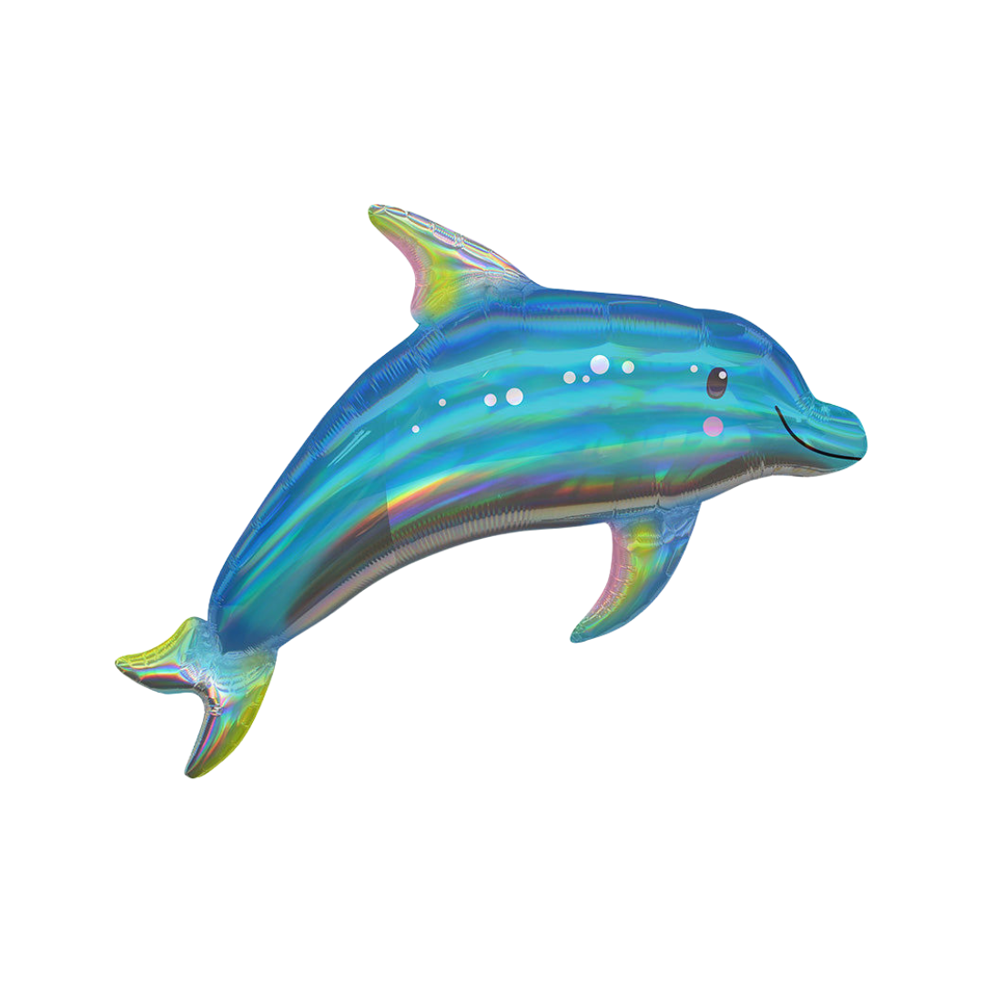 Iridescent teal and blue 29in dolphin foil balloon for under the sea birthdays – from Parte Haus party supply store in Bethesda, Maryland.