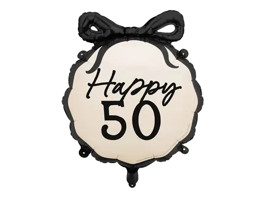 Black and Cream "Happy 50" Ribbon Scalloped Foil Balloon, 18in