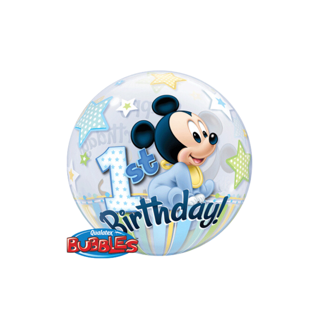 Light blue and black 22in Mickey Mouse 1st birthday bubble balloon for milestone birthday parties – from Parte Haus party supply store in Bethesda, MD.